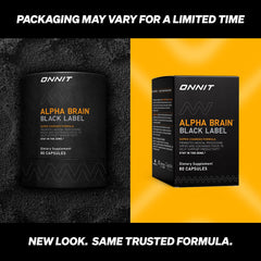 ONNIT Alpha Brain Black Label capsules shown, supporting steady mental energy and focus.