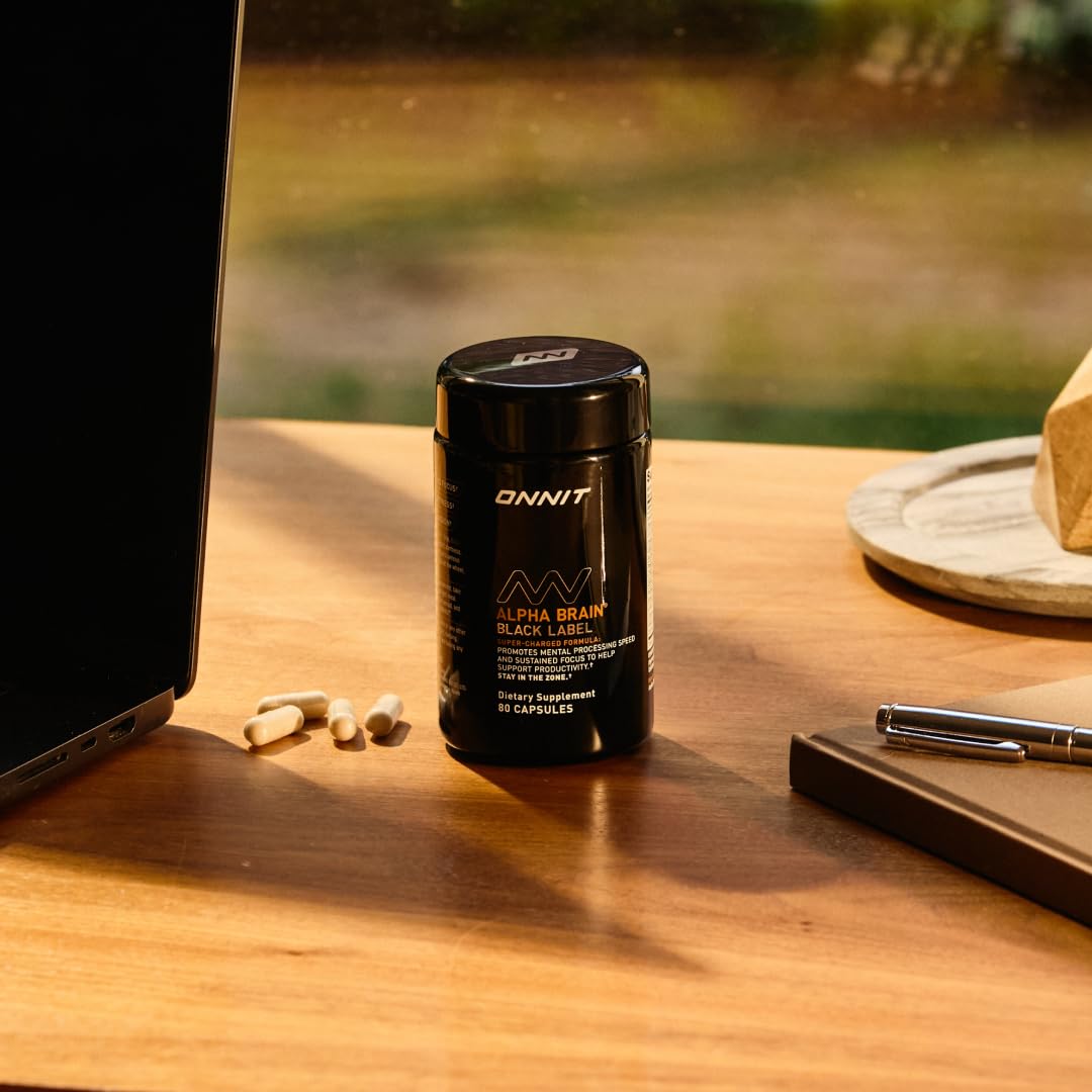 ONNIT Alpha Brain Black Label packaging conveys premium cognitive support.