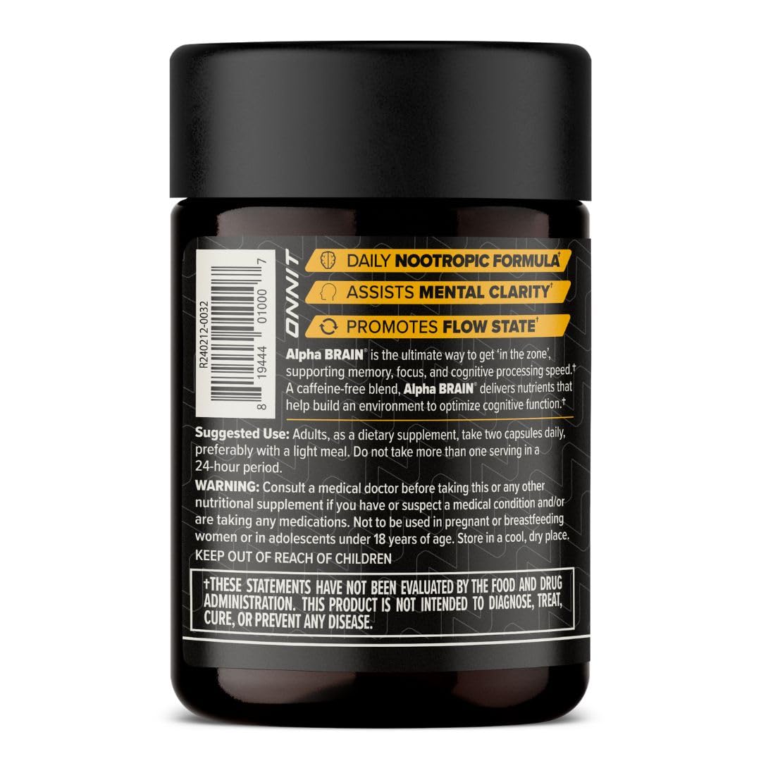 ONNIT Alpha Brain bottle desk shot emphasizing packaging design and accessibility