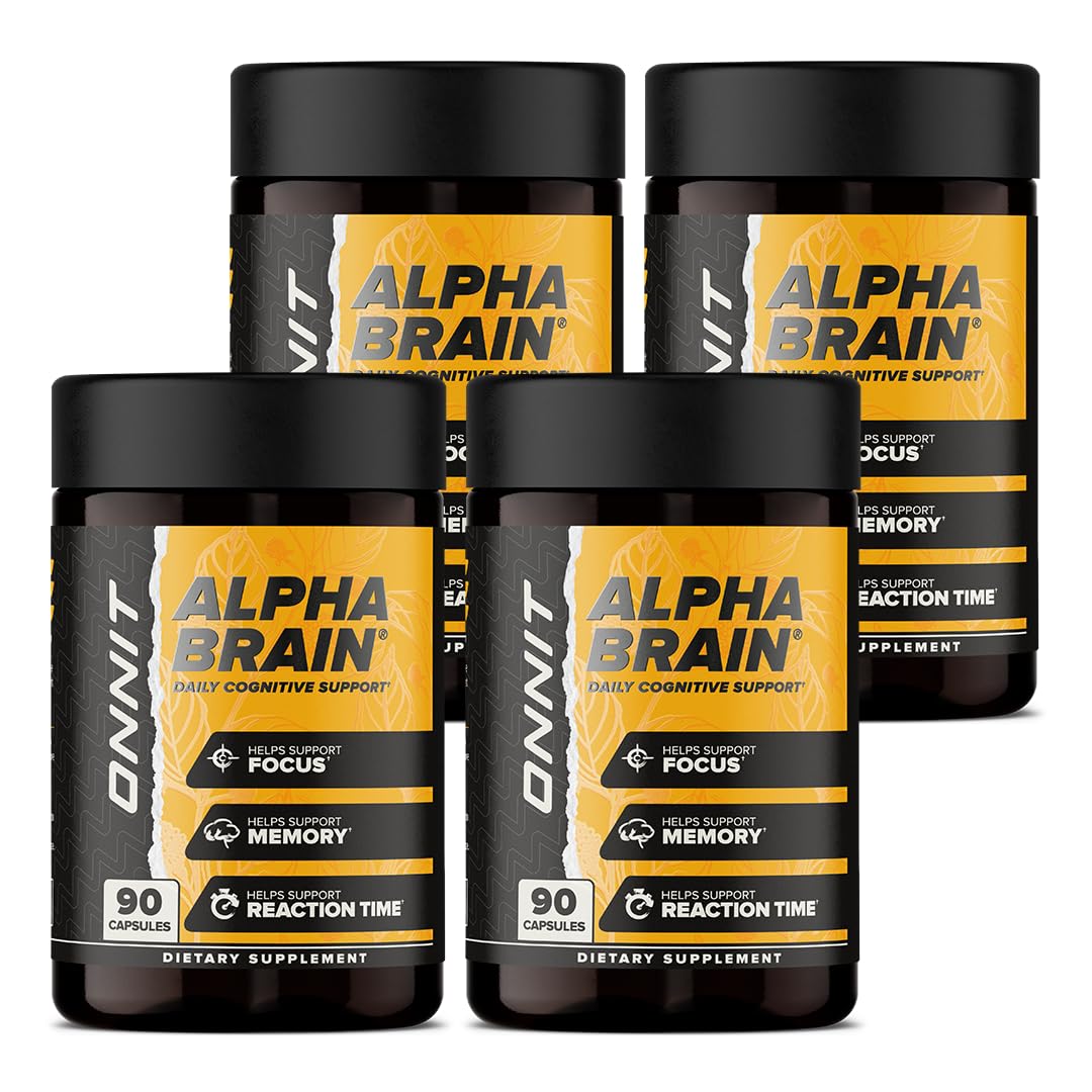 ONNIT Alpha Brain bottle front label highlights memory and focus potential for daily use.