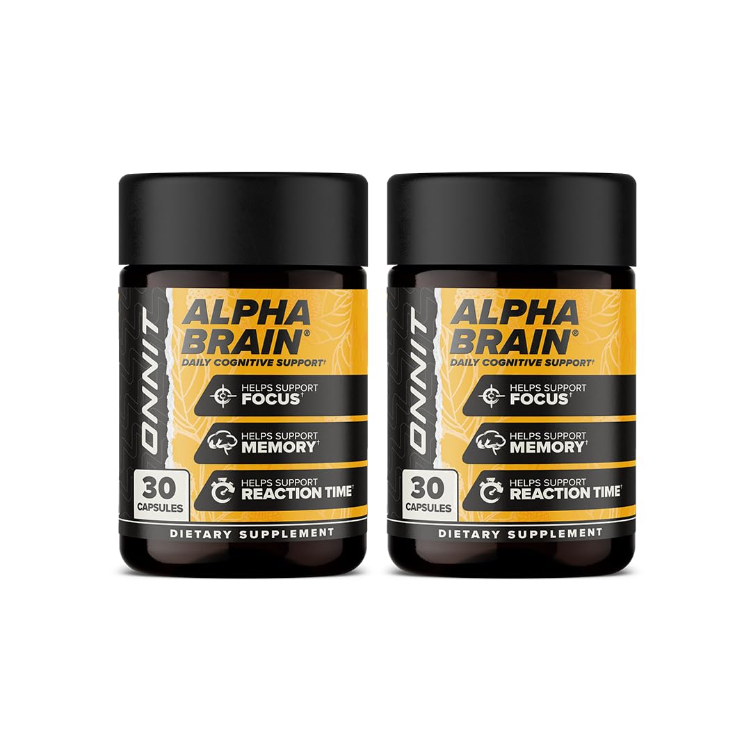 ONNIT Alpha Brain bottle on desk highlighting caffeine-free focus support