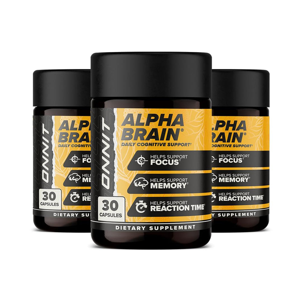 ONNIT Alpha Brain capsules bottle front, signaling focused mental clarity.