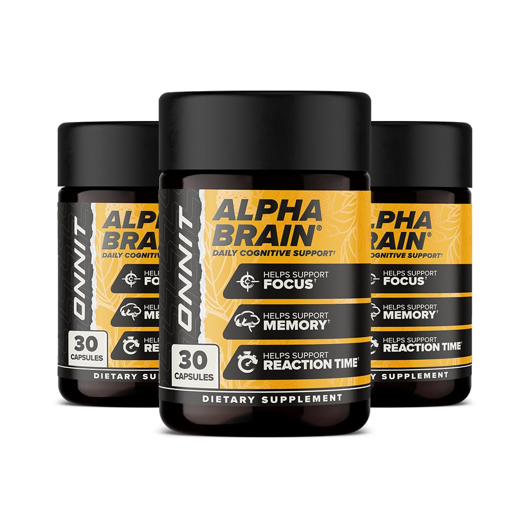 ONNIT Alpha Brain capsules bottle front, signaling focused mental clarity.