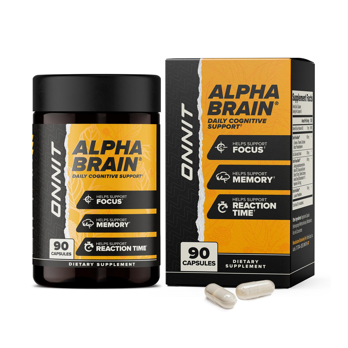 ONNIT Alpha Brain capsules close-up for focused cognition and memory support.