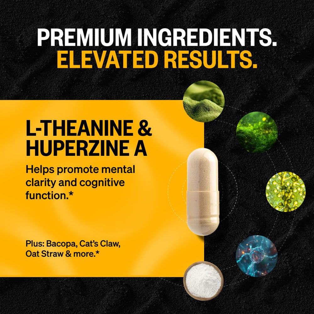 Ingredient spread shows L-Theanine, Alpha GPC, and Vitamin B6.