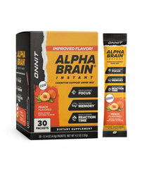 ONNIT Alpha Brain Instant packet closeup showing quick, caffeine-free cognitive support for on-the-go focus.