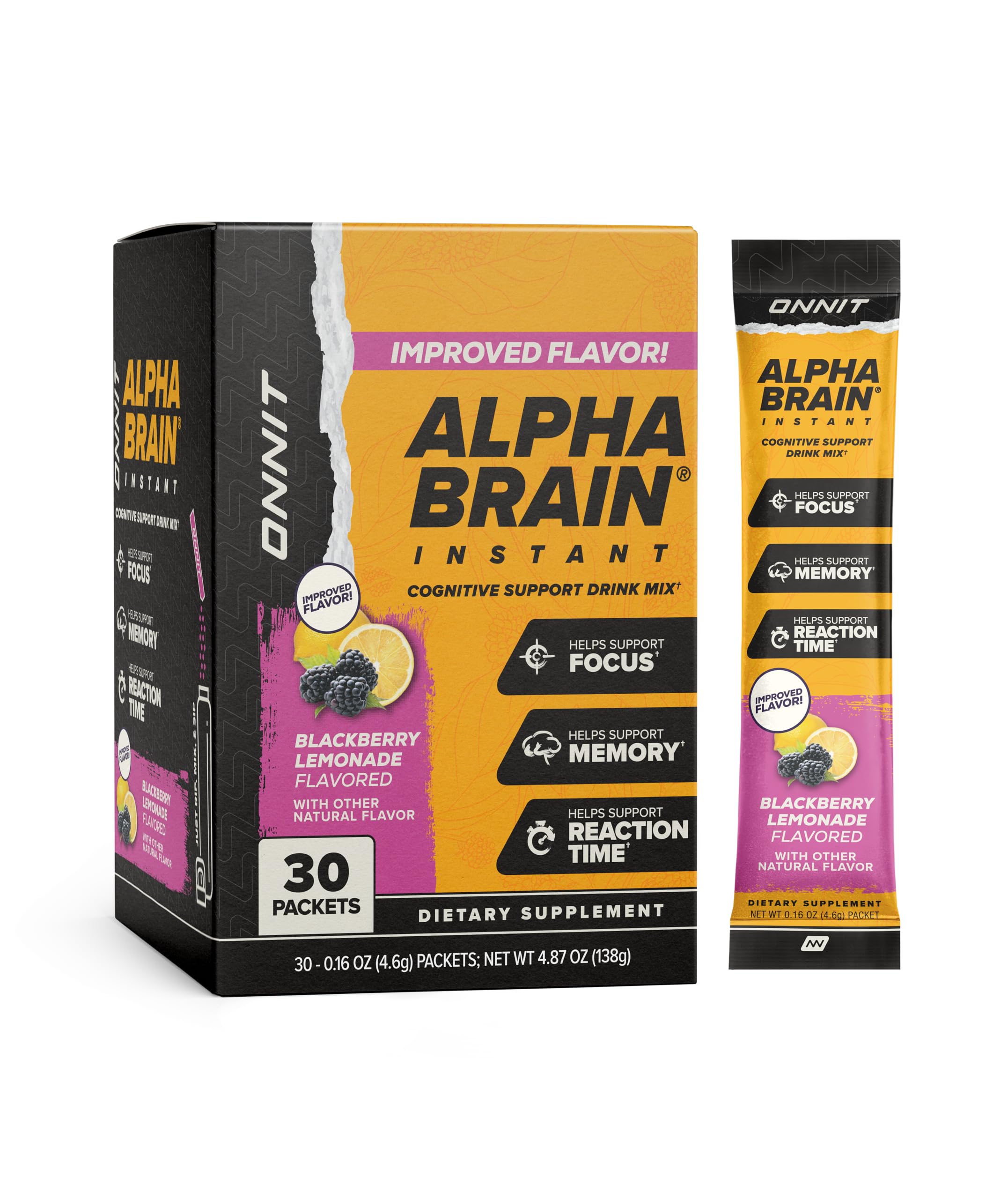 ONNIT Alpha Brain Instant packets on a counter for quick focus support during study