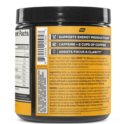 ONNIT Alpha Brain pre-workout scoop showing powder being stirred for quick energy.
