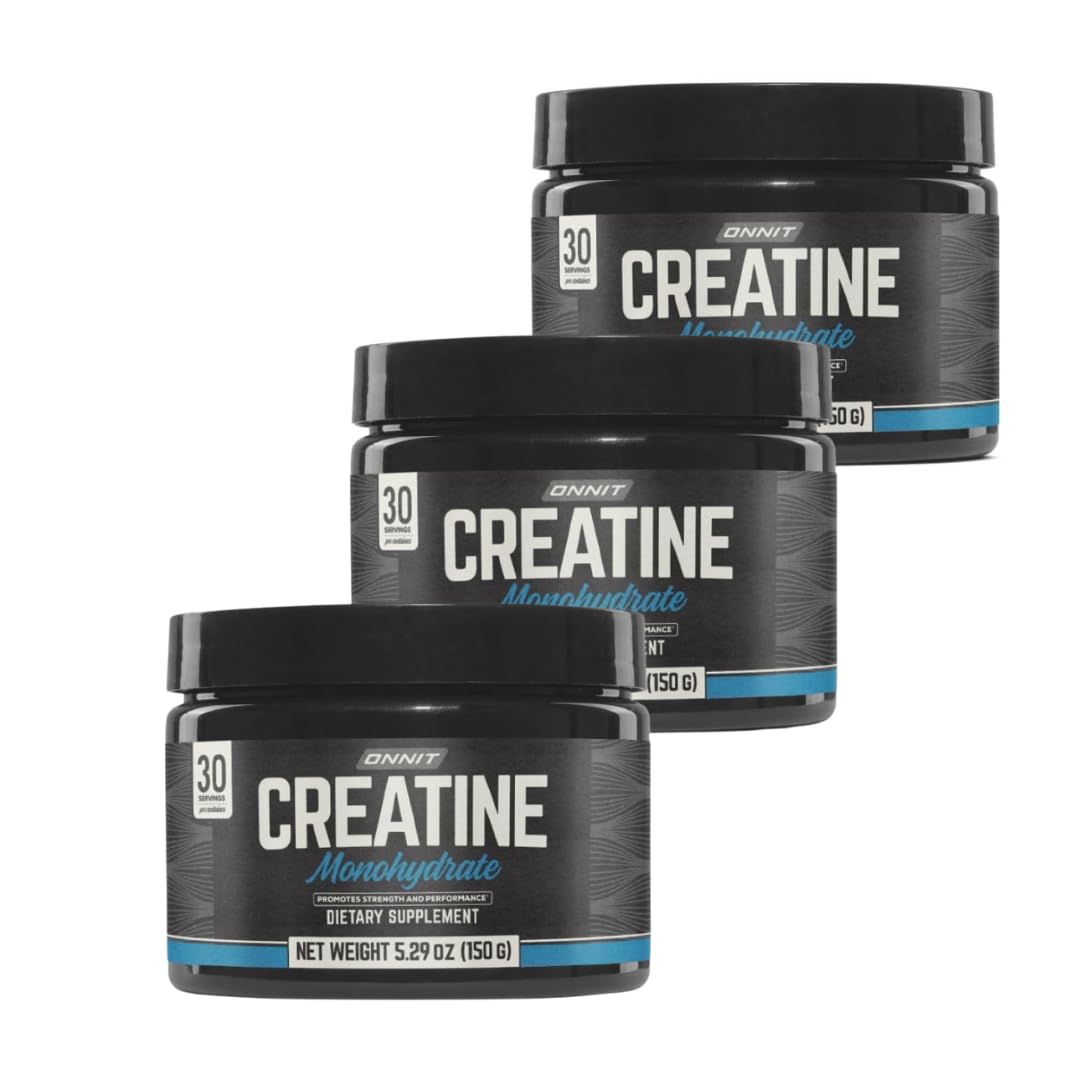ONNIT creatine monohydrate powder tub shows a 3-pack for consistent strength support