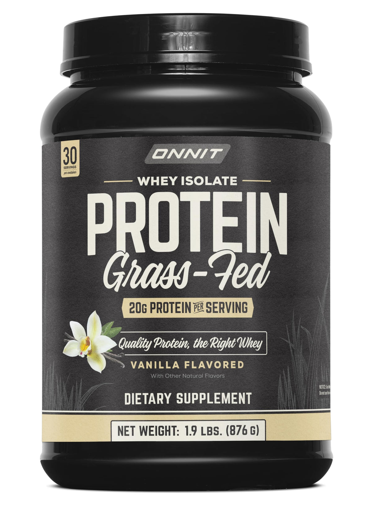 ONNIT Grass Fed Whey Isolate vanilla tub close-up for muscle support