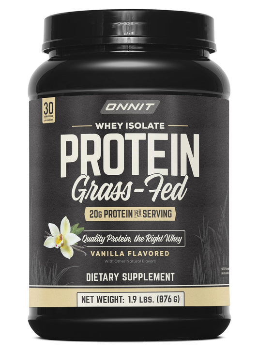 ONNIT Grass Fed Whey Isolate vanilla tub close-up for muscle support