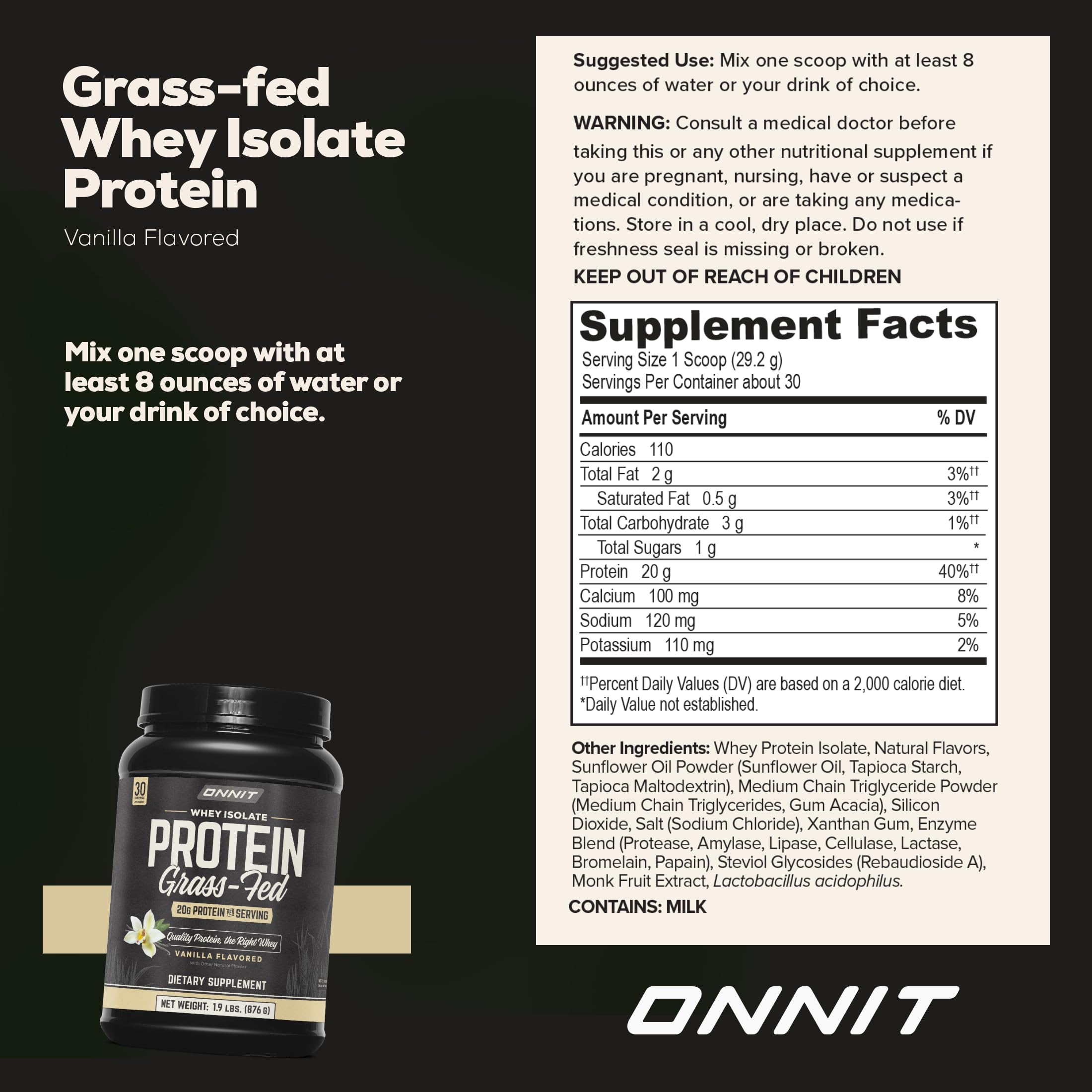 ONNIT Irish dairy grass-fed whey carton signifying non-GMO sourcing
