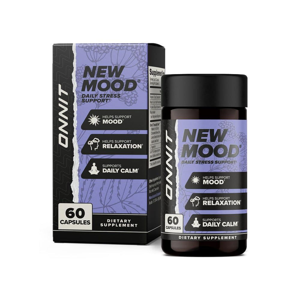 ONNIT New Mood bottle closeup shows calm mood support and non-GMO ingredients.