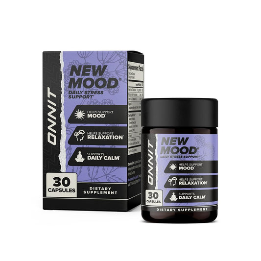 ONNIT New Mood bottle close-up for daily stress support.