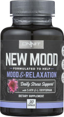 Onnit New Mood bottle on a kitchen counter, suggesting daily relaxation