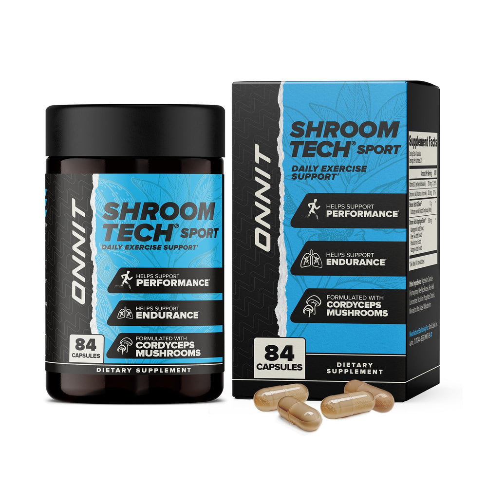 ONNIT Shroom Tech Sport bottle front shows compact daily energy support for workouts.