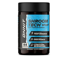 ONNIT Shroom Tech Sport capsules closeup emphasizes cordyceps and adaptogens for endurance.