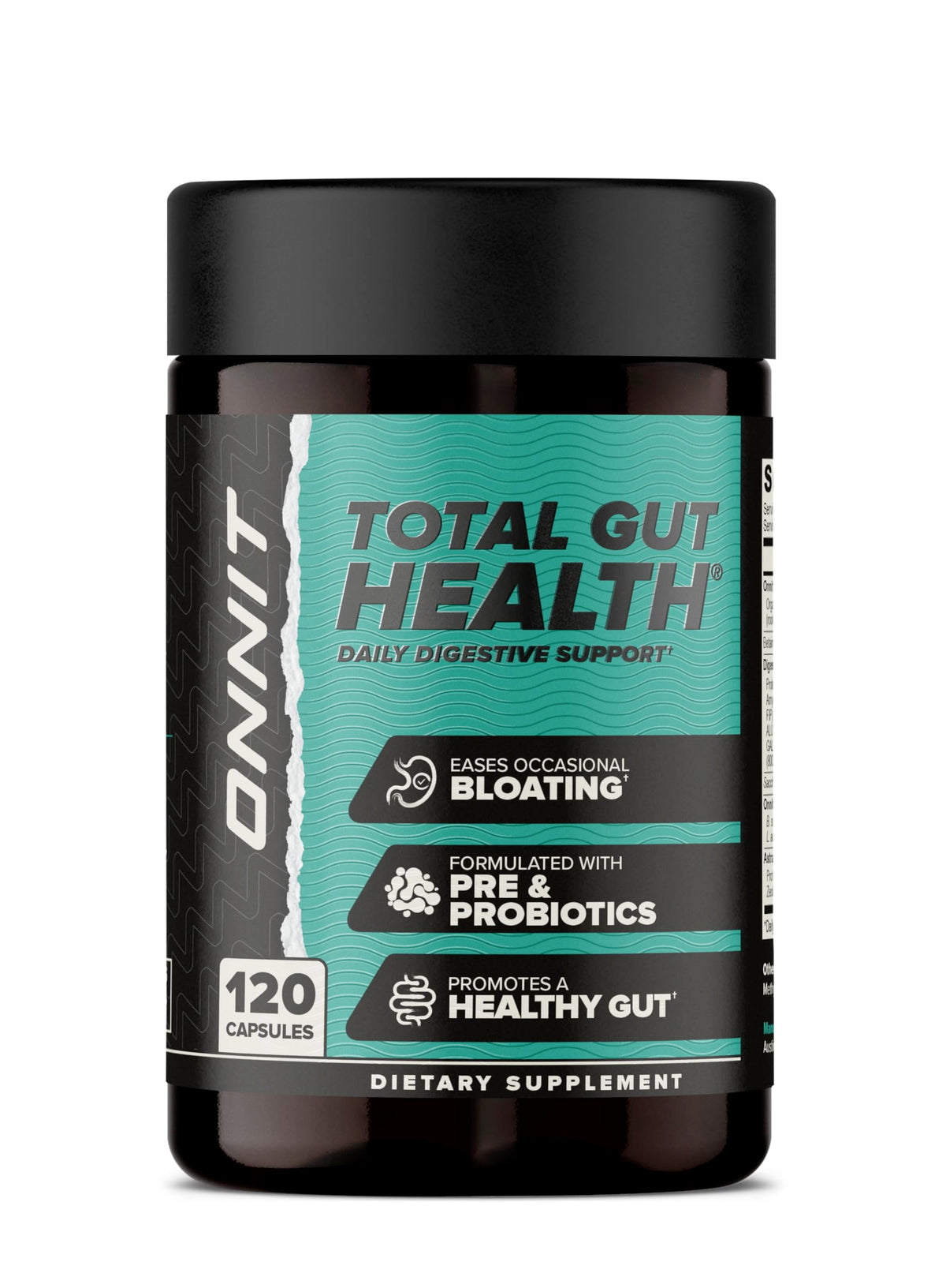 ONNIT Total GUT HEALTH bottle front promoting daily digestive support.