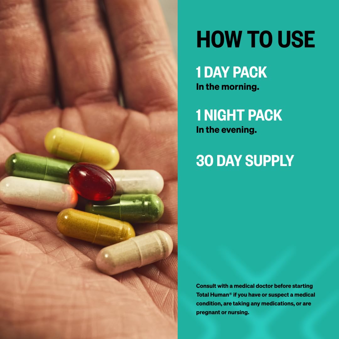 ONNIT Total Human Night Pack bottle emphasizes evening relaxation and recovery.