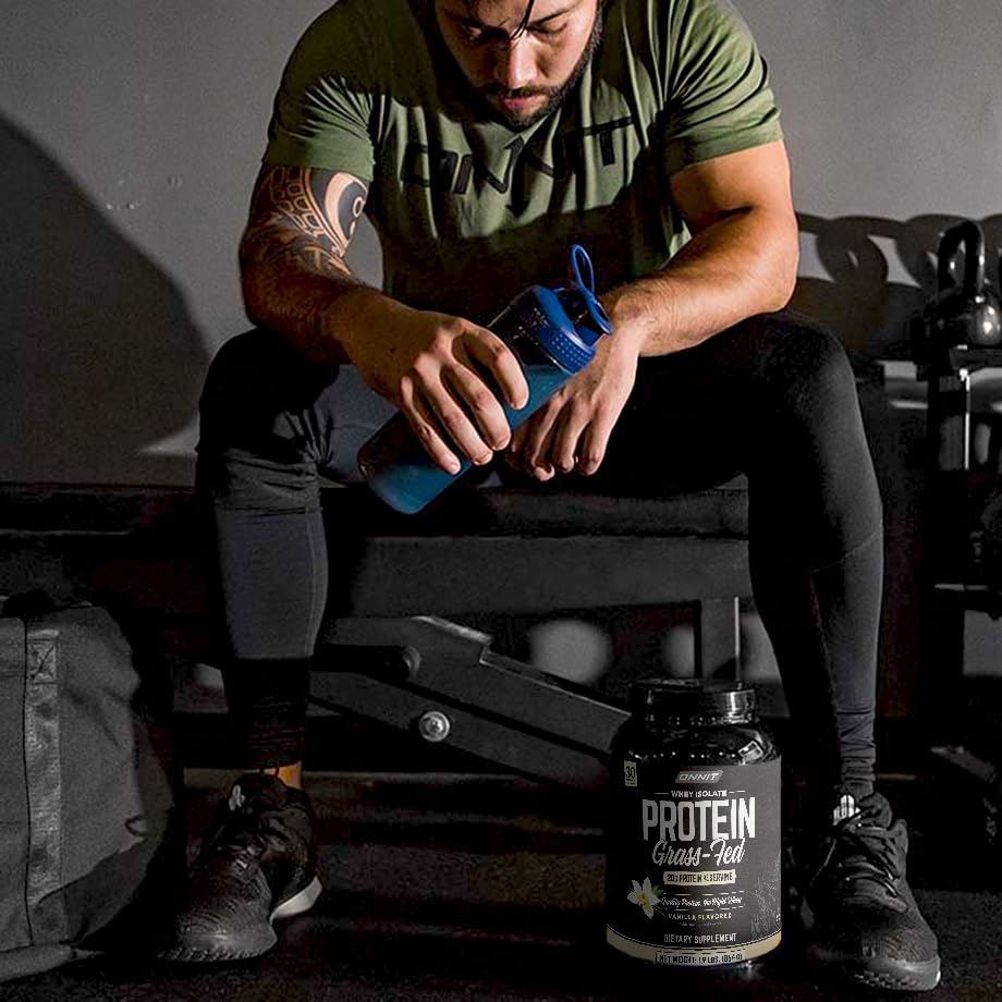 ONNIT vanilla whey isolate scoop beside tub for post-workout shakes