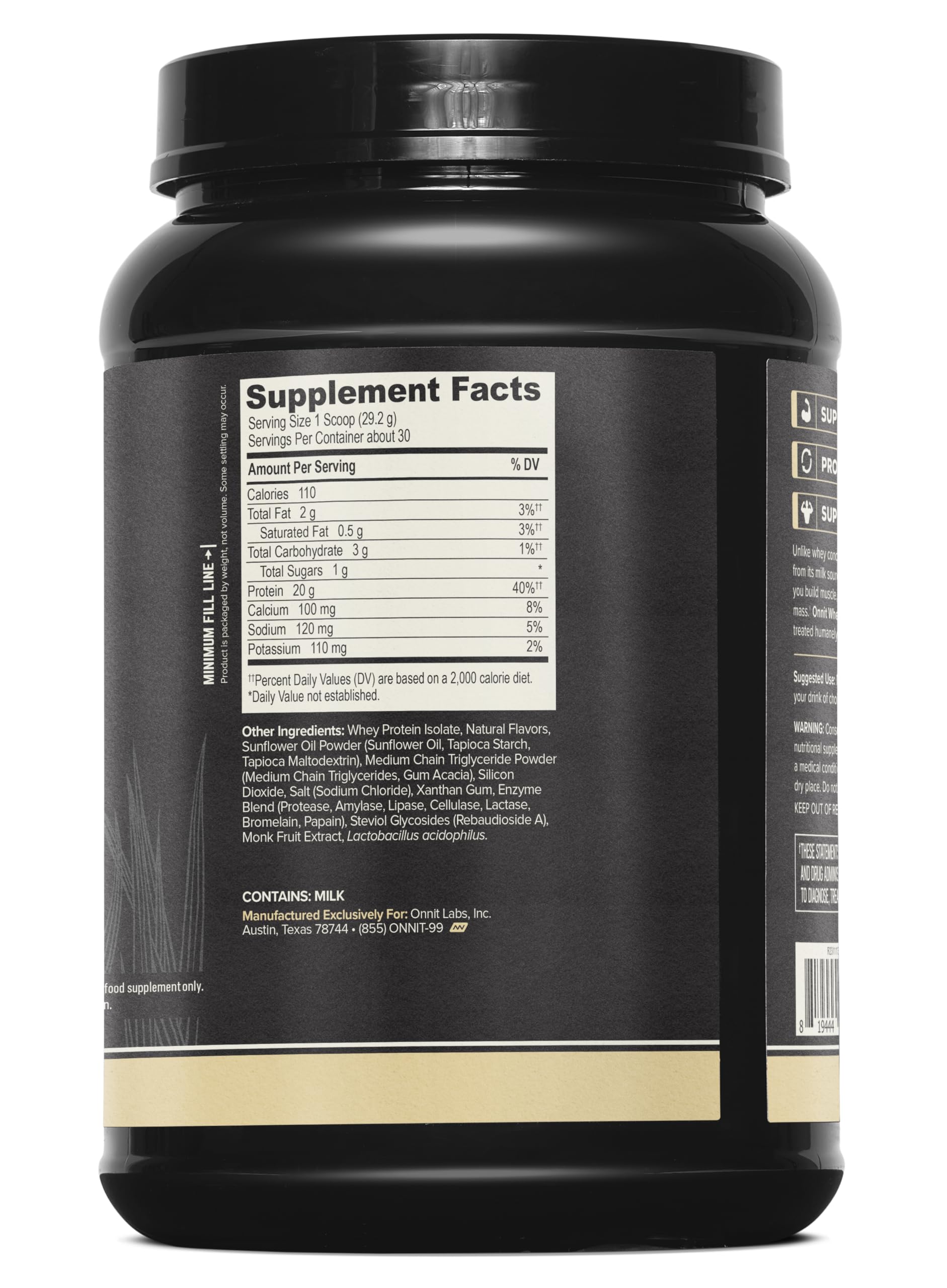 ONNIT whey isolate quick-digest close-up with nutrition label