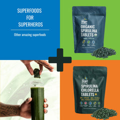 Packaging artwork featuring green spirulina and chlorella imagery