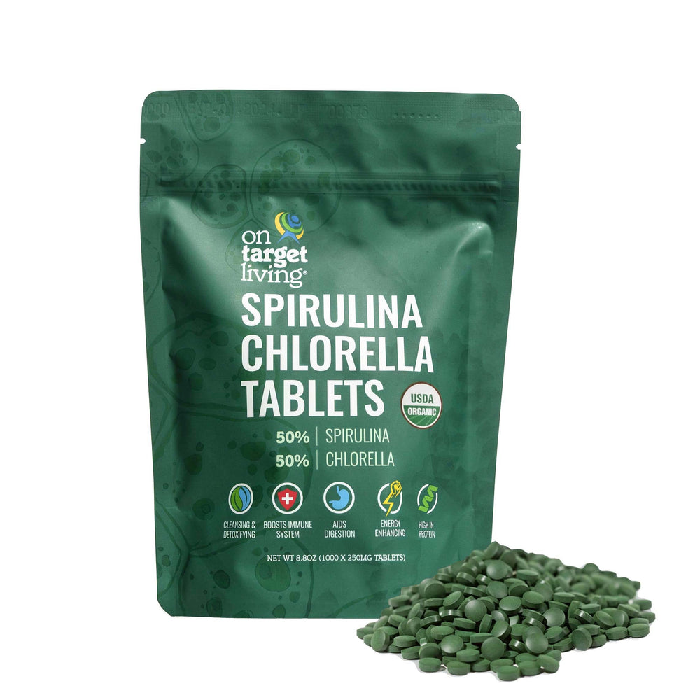 On Target Living spirulina-chlorella tablets bottle front with USDA Organic badge