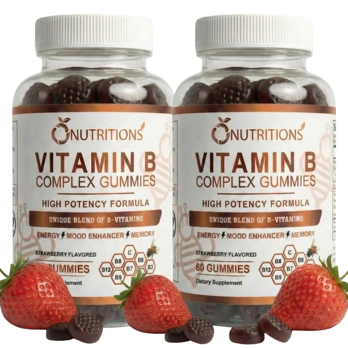 O NUTRITIONS Vitamin B Complex Gummies bottle with strawberry flavor supports daily energy.