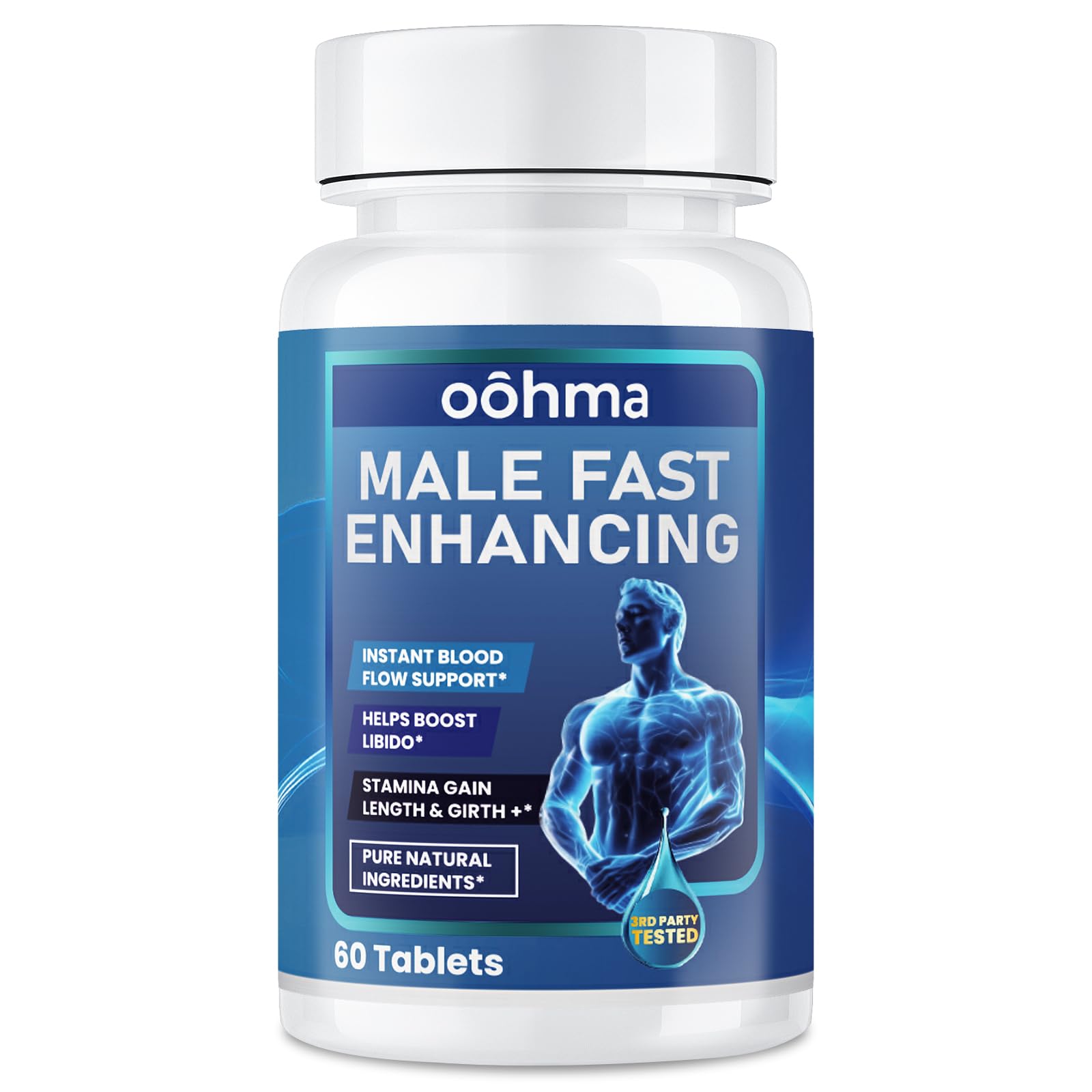 Oohma new male enhancing supplement bottle closeup for daily vitality support.
