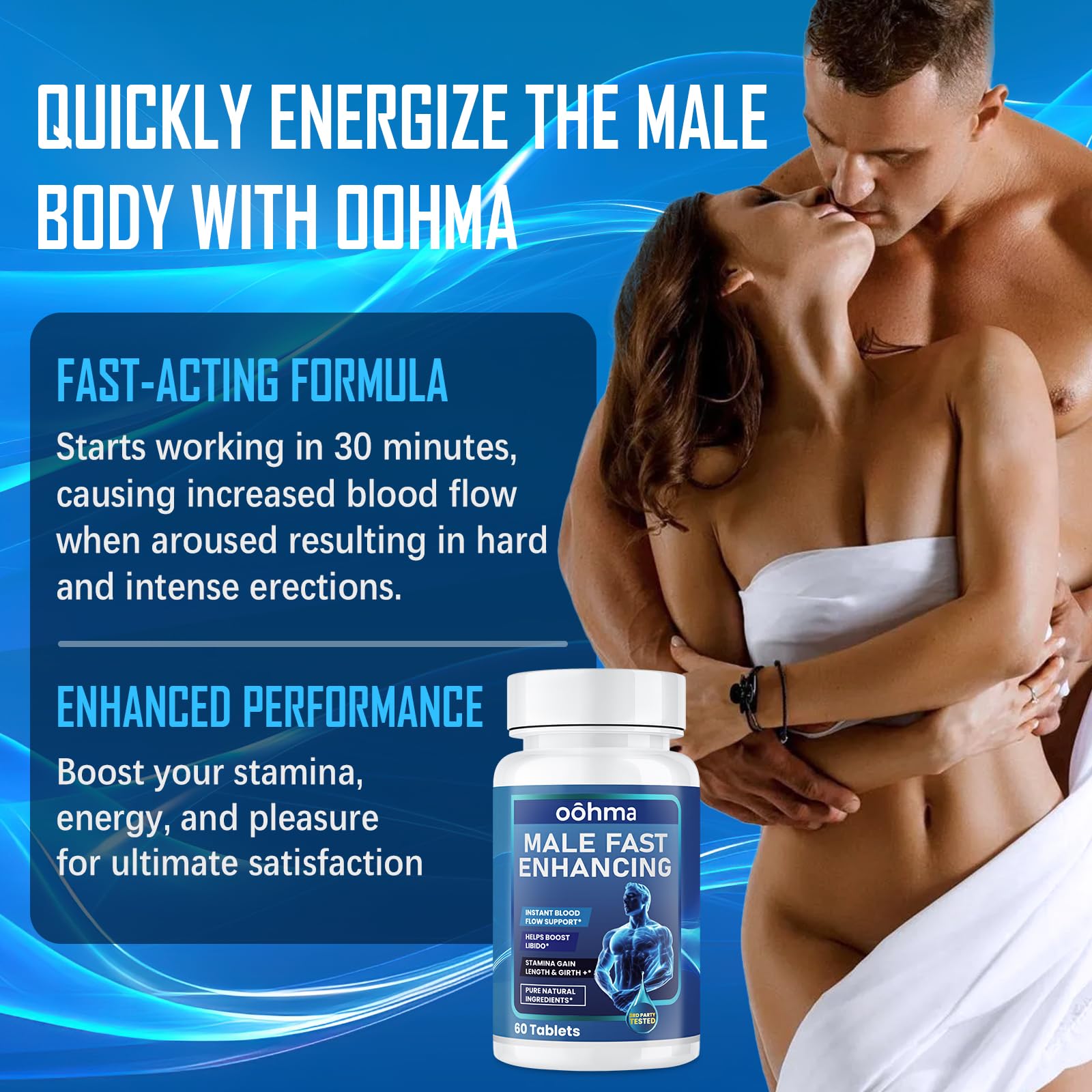 Oohma new male enhancing supplement packaging shows 60 tablet bottle and label.