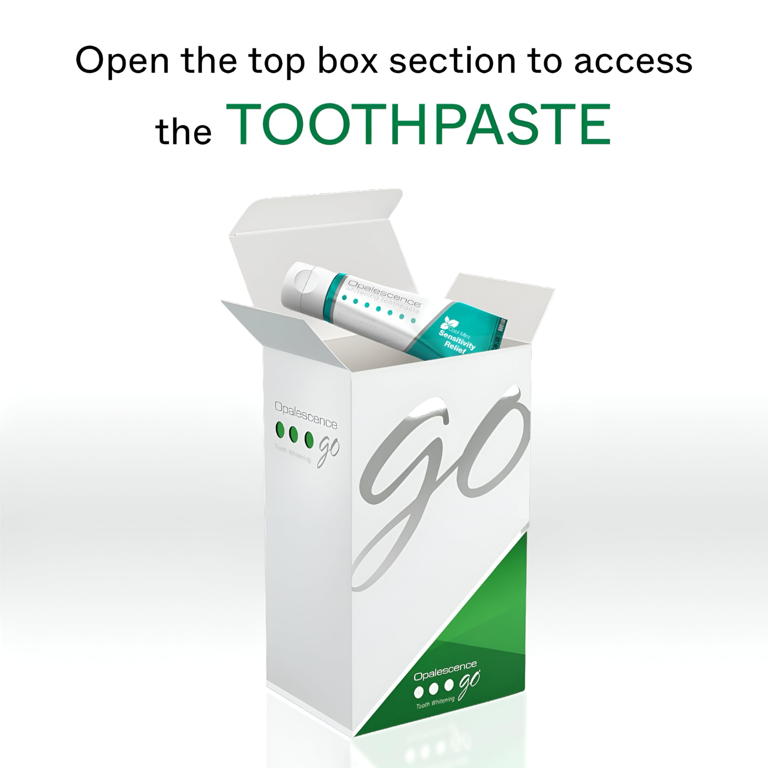 Travel-size toothpaste included with Opalescence GO 15 Mint bundle for on-the-go care.