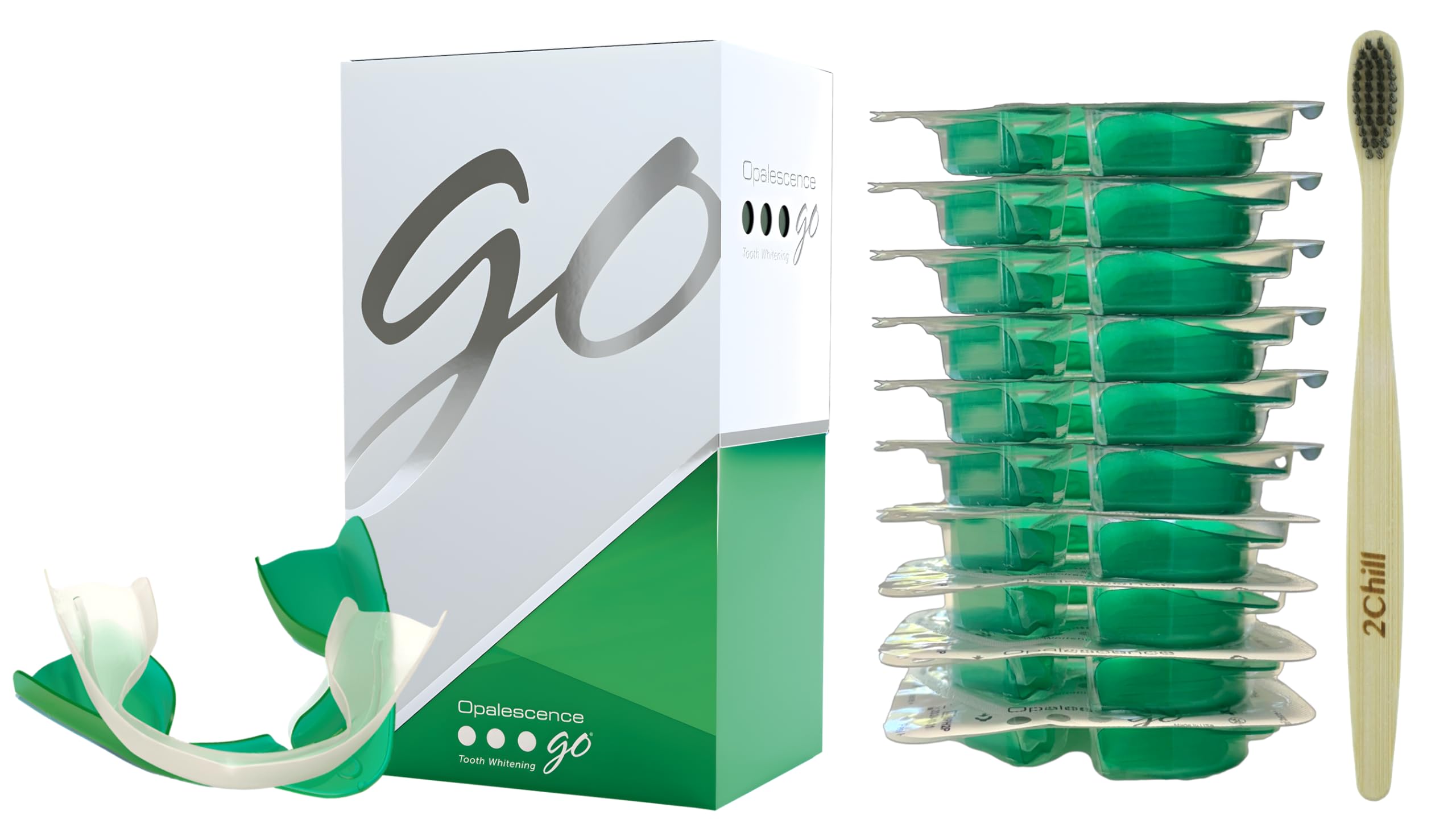 Opalescence Go 15% trays top view with prefilled gel for at-home whitening.