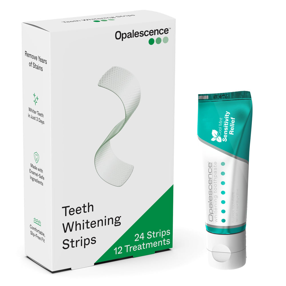 Opalescence Go box packaging shows 24 strips for 12 treatments.