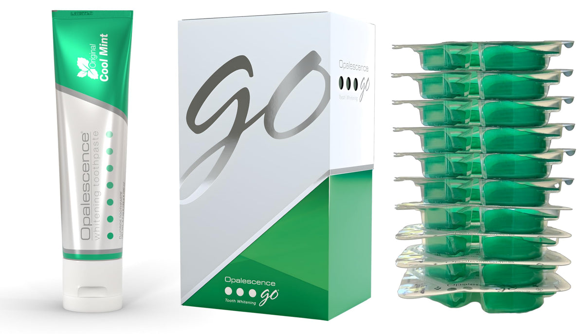 Opalescence Go prefilled trays visible in kit for at-home whitening