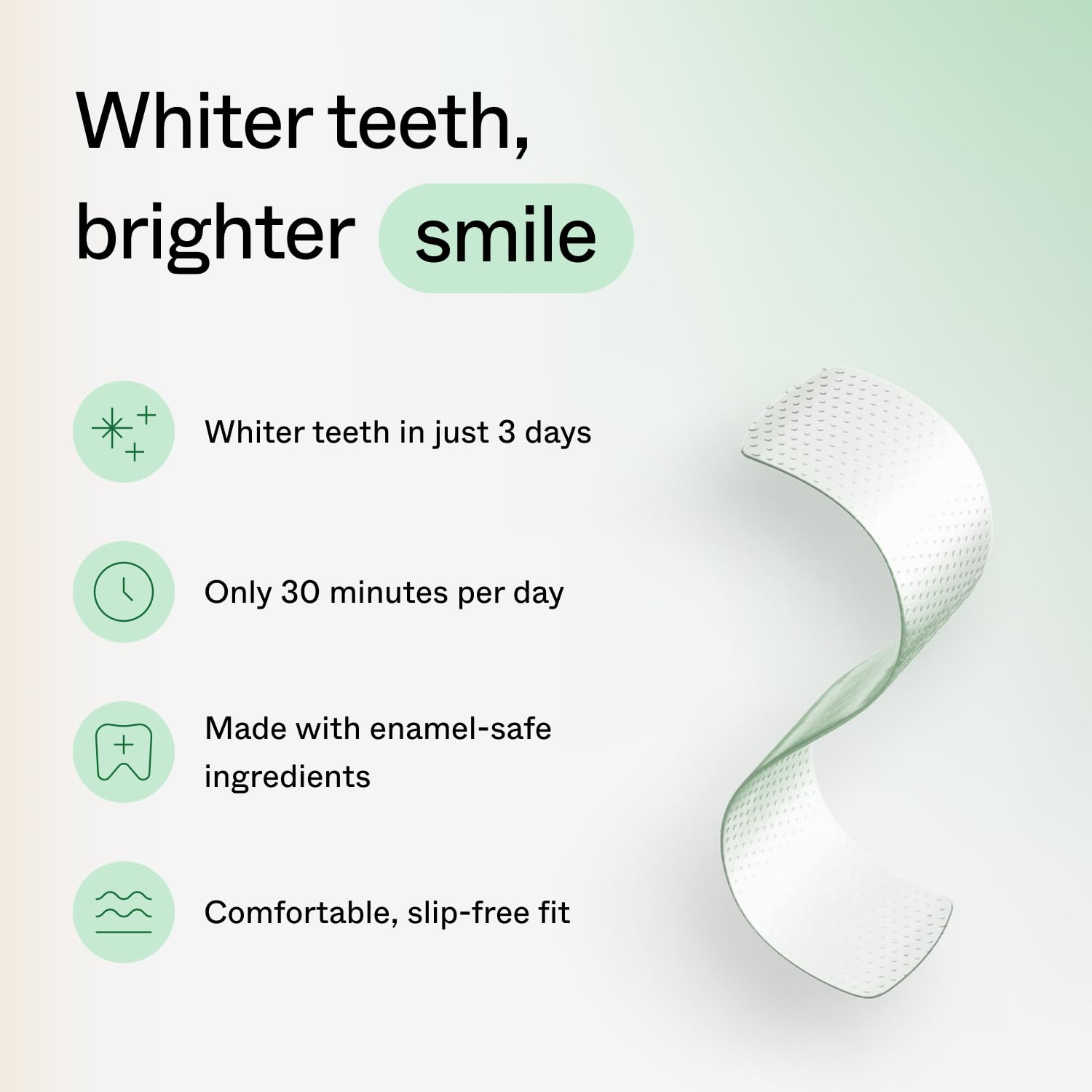 Opalescence Go strip on teeth, secure adhesion for mess-free whitening.