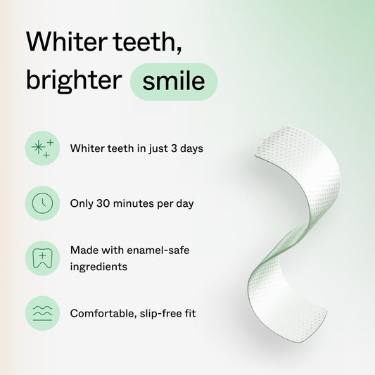 Opalescence Go strip on teeth, secure adhesion for mess-free whitening.