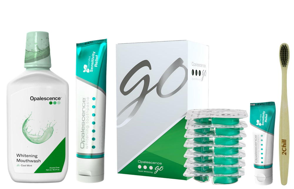Opalescence Go whitening trays 15% peroxide for at-home professional-grade whitening results.