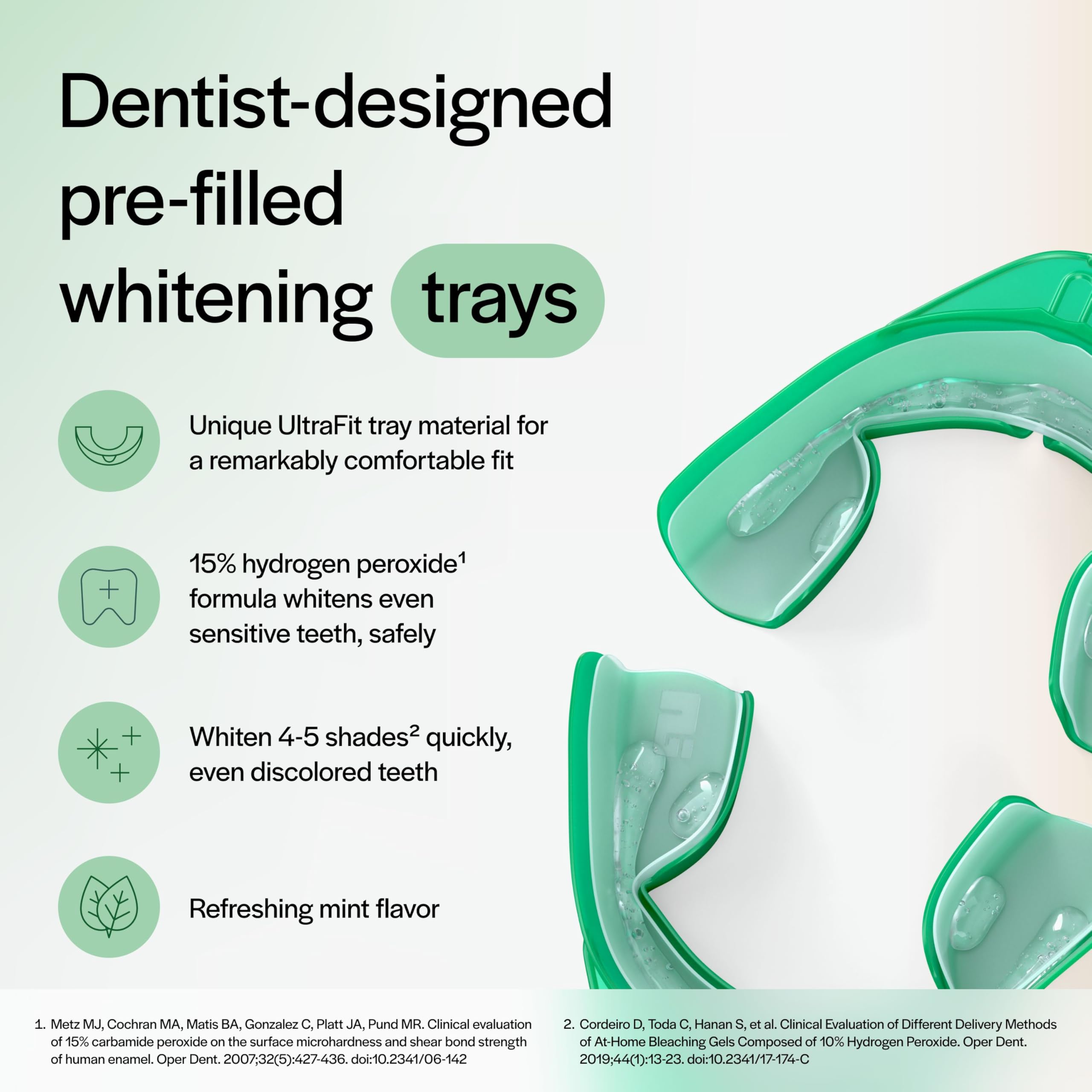 Close-up of Opalescence Go trays with prefilled gel inside for easy whitening.