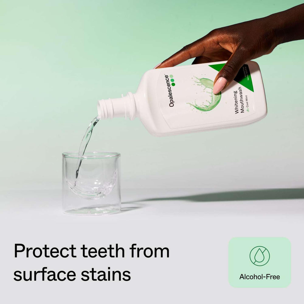Two-bottle Opalescence display paired with a toothbrush for routine use