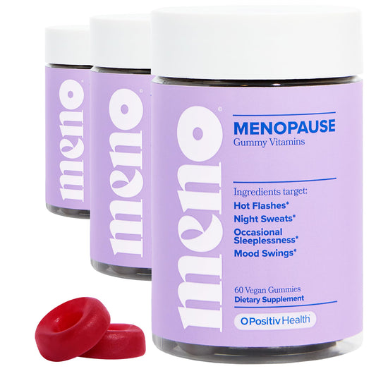O Positiv MENO gummies bottle front showing menopause support label.