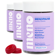 O Positiv MENO gummies bottle front showing menopause support label.