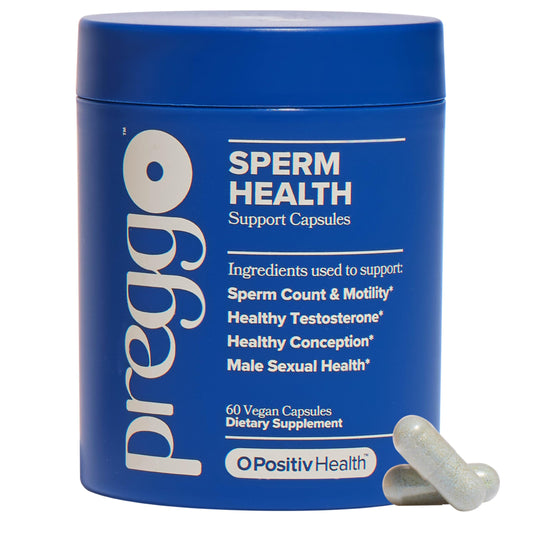O Positiv Prego Sperm Health bottle with Tongkat Ali and NAC for antioxidant support.