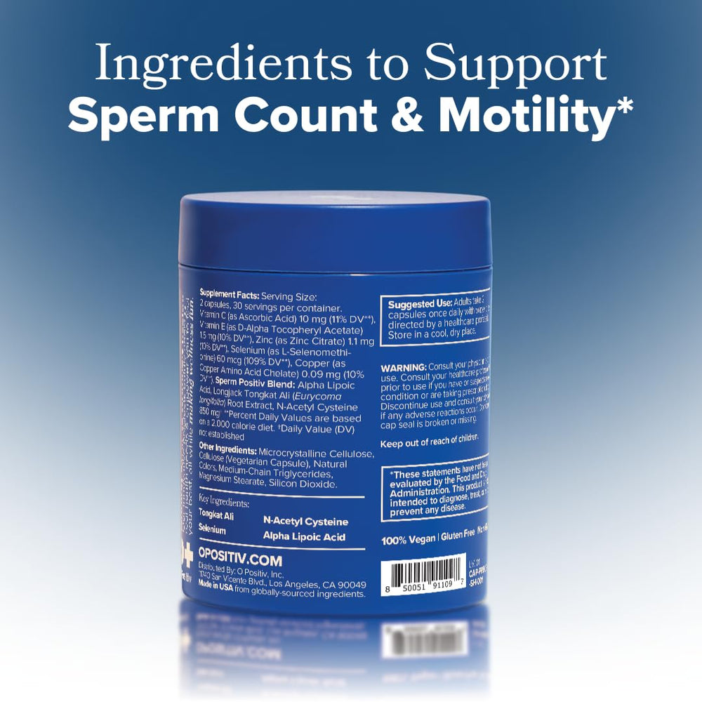 Clean, modern branding of O Positiv Prego Sperm Health box.