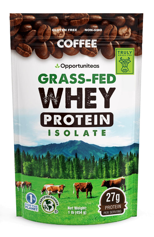 Opportuniteas Coffee Whey Protein bottle ready for on-the-go shakes.