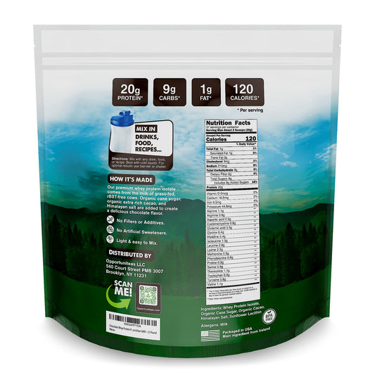 Opportuniteas whey scoop beside tub highlights 20 g protein per serving.