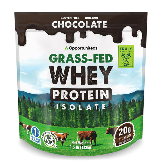 Opportuniteas Grass Fed Chocolate Whey Isolate tub front view for clean protein support.