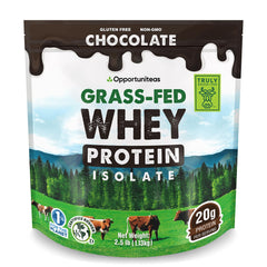 Opportuniteas Grass Fed Chocolate Whey Isolate tub front view for clean protein support.