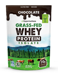 Opportuniteas grass-fed chocolate whey protein jar showing 20 g protein per serving.