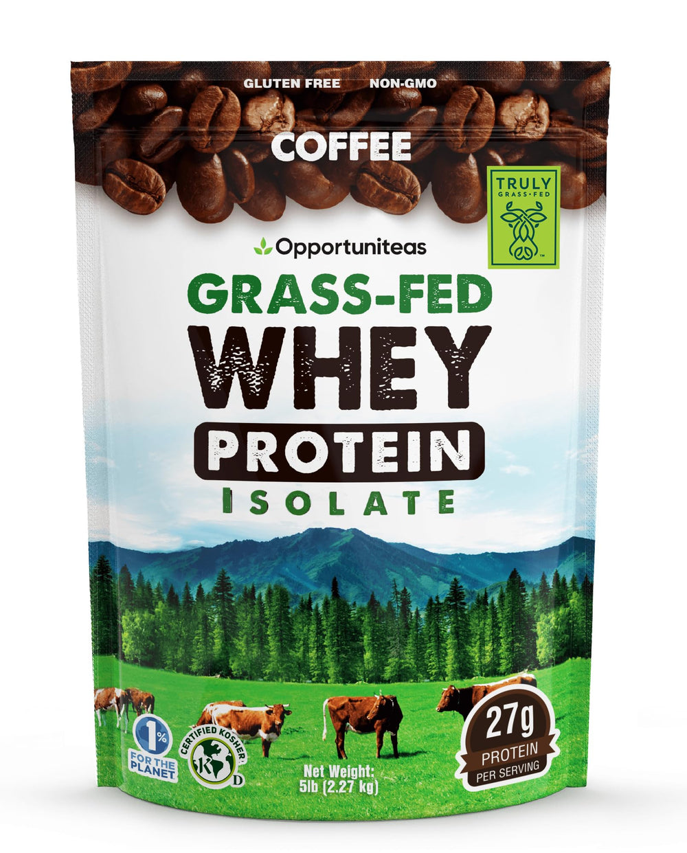 Opportuniteas Grass Fed Coffee Whey bottle pour for smooth post-workout shakes