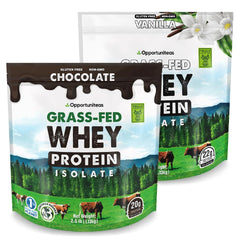 Opportuniteas grass-fed vanilla-choco whey protein bottle for shakes.